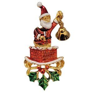 Signed Gold Crown Santa Trembler Bobble Head Ringing Bell Brooch Pin K724